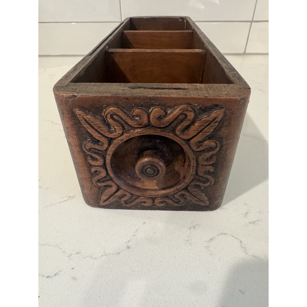 Vintage Carved Wood Box 3 Slot Farmhouse Kitchen Holder/Organizer Rustic Decor - Picture 9 of 15